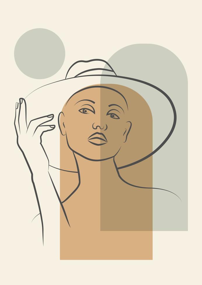 femme au chapeau debout avec affiche de dessin d'art d'arches. illustration vectorielle pour logo, poste, salon de beauté vecteur