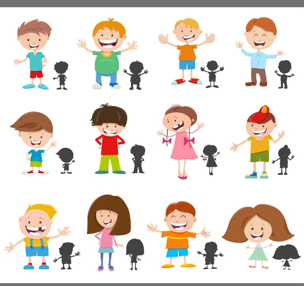 personnages de dessin animé enfants heureux avec jeu de silhouettes vecteur