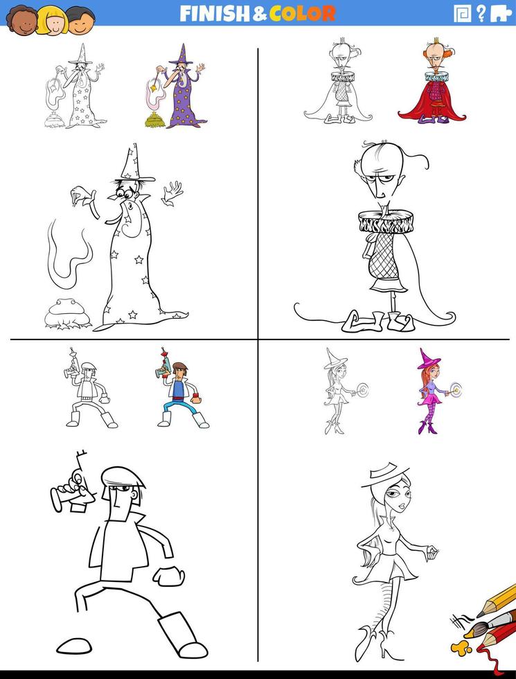 activité de dessin et de coloriage avec des personnages fantastiques vecteur