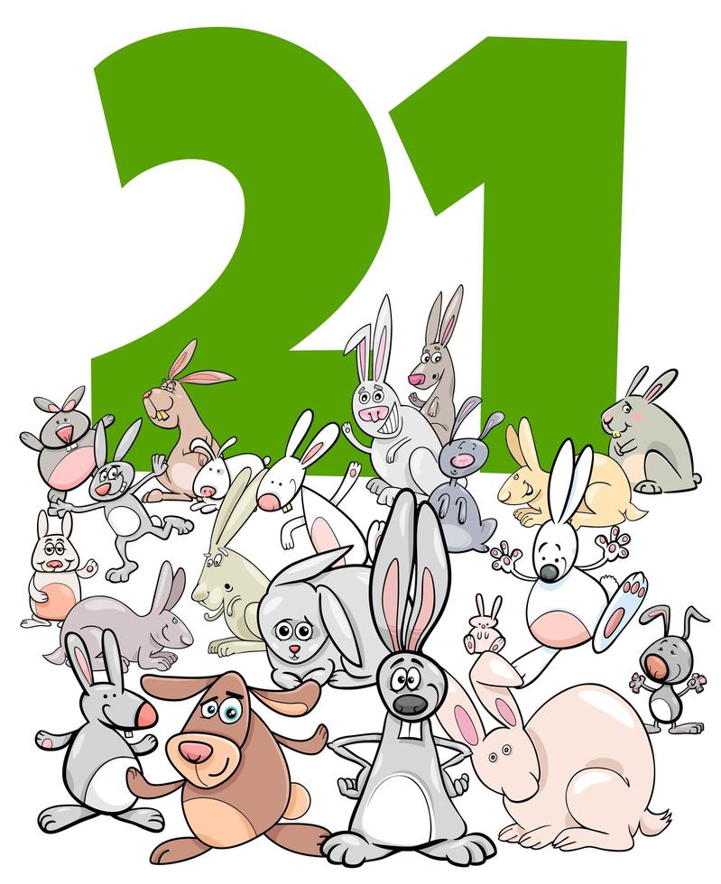 numéro vingt-et-un et groupe de lapins de dessin animé vecteur