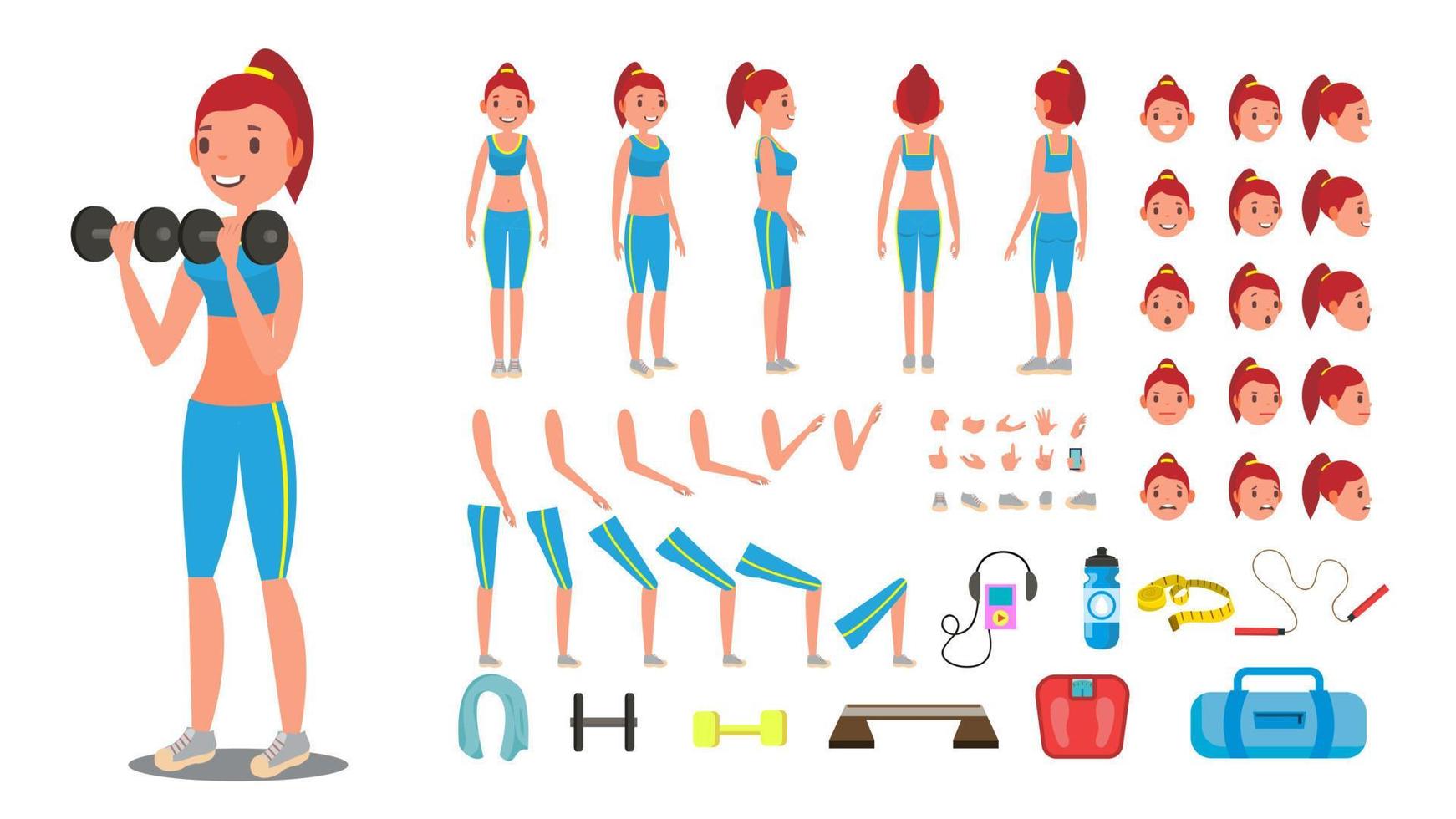 vecteur de fille de remise en forme. ensemble de création de personnage féminin de sport animé. pleine longueur, avant, côté, arrière, accessoires, poses, émotions du visage, gestes. illustration de dessin animé plat isolé