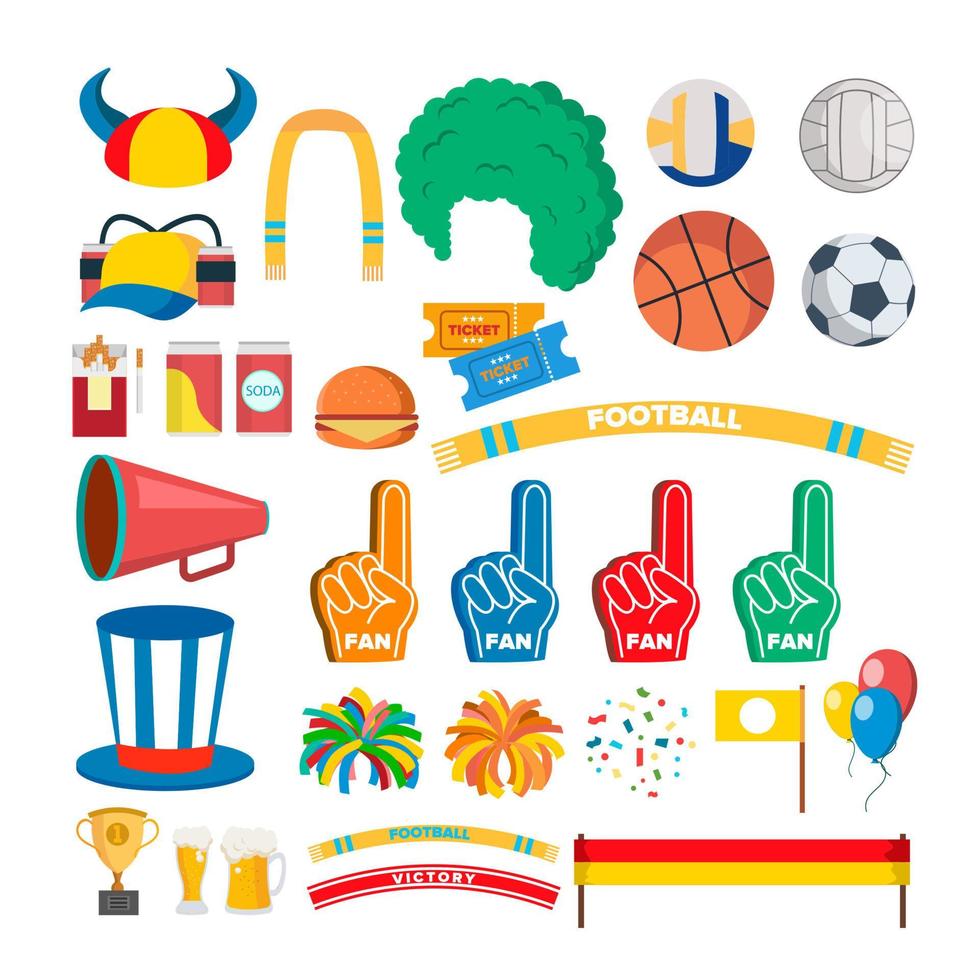 les outils des supporters de l'équipe sportive définissent le vecteur. accessoires. chapeau, drapeau, écharpe. illustration de dessin animé plat isolé vecteur