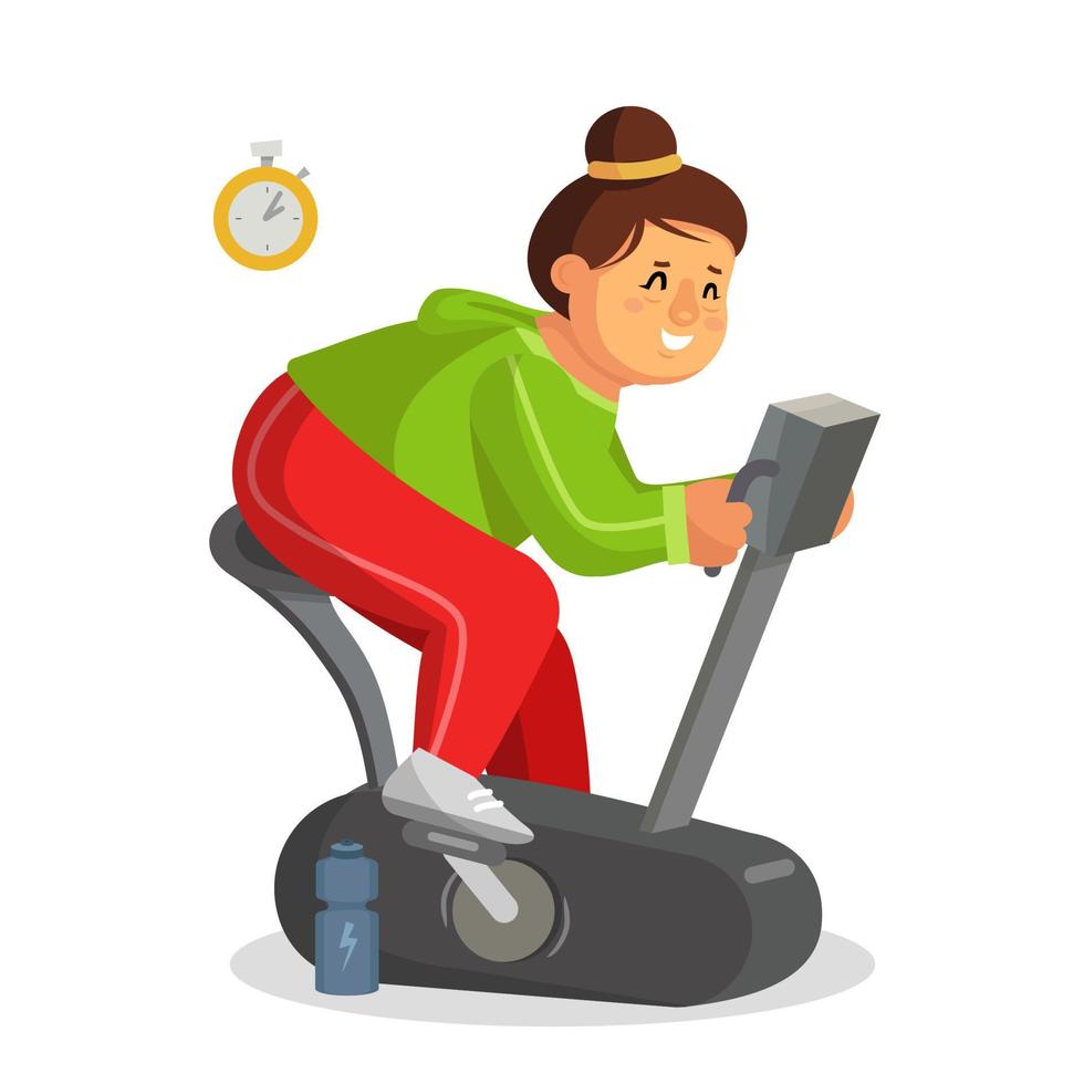 grosse femme travaillant dans le vecteur de gym. entraînement sur vélo d'appartement. fille travaillant en sueur. jeune femme obèse. isolé sur illustration de personnage de dessin animé blanc