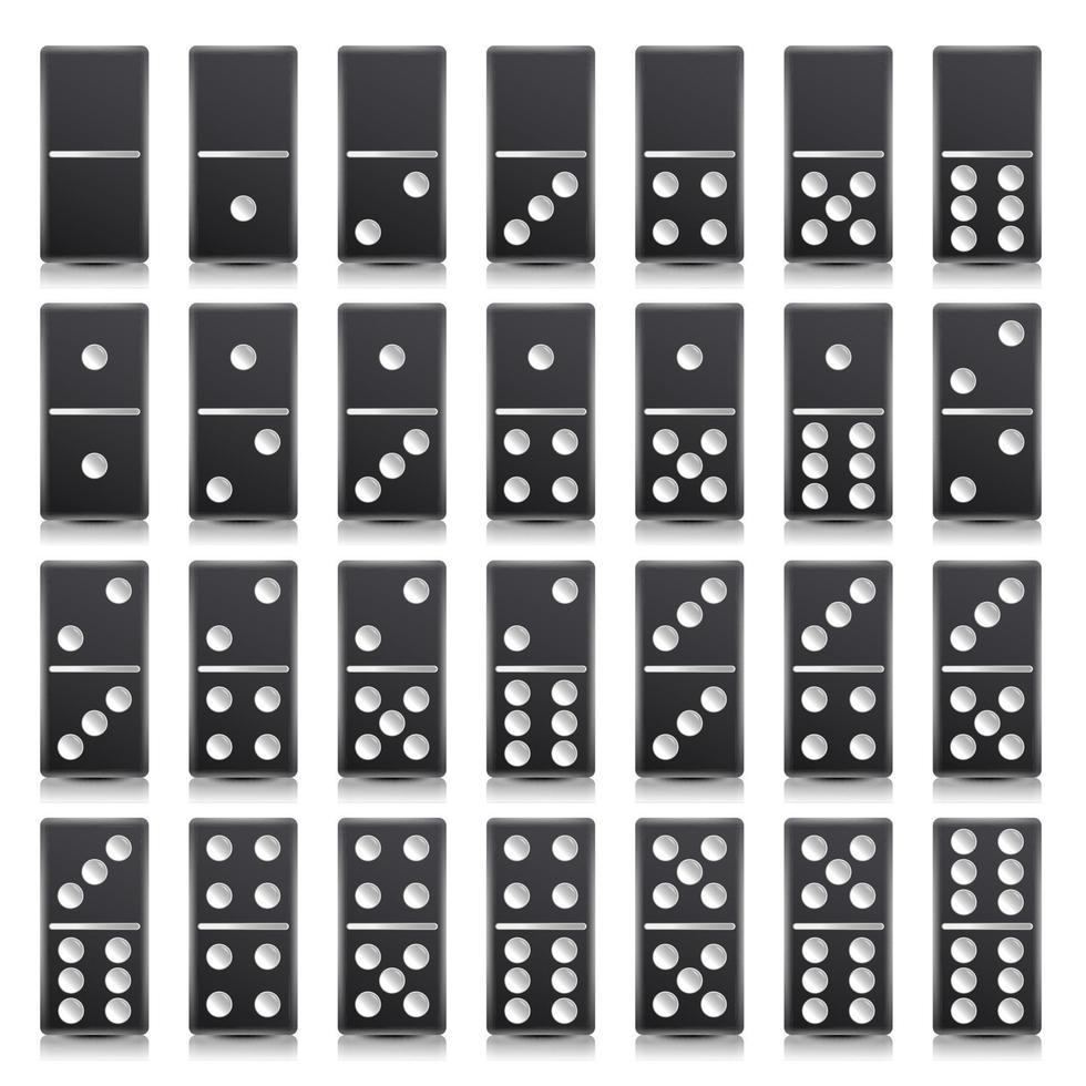 illustration réaliste de vecteur de jeu complet de domino. couleur noire. os de dominos de jeu classique isolés sur blanc. vue de dessus. pour un jeu. 28 pièces