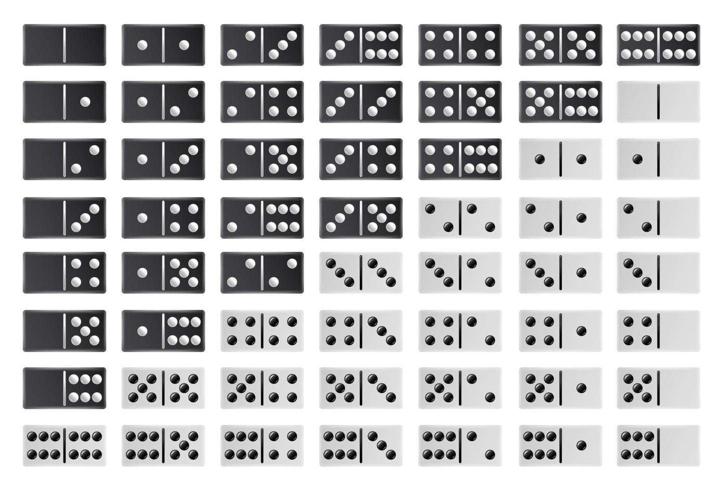 vecteur de grand ensemble complet de domino. couleur noir et blanc. collection d'os de dominos réalistes isolée sur blanc. 28 pièces pour le jeu