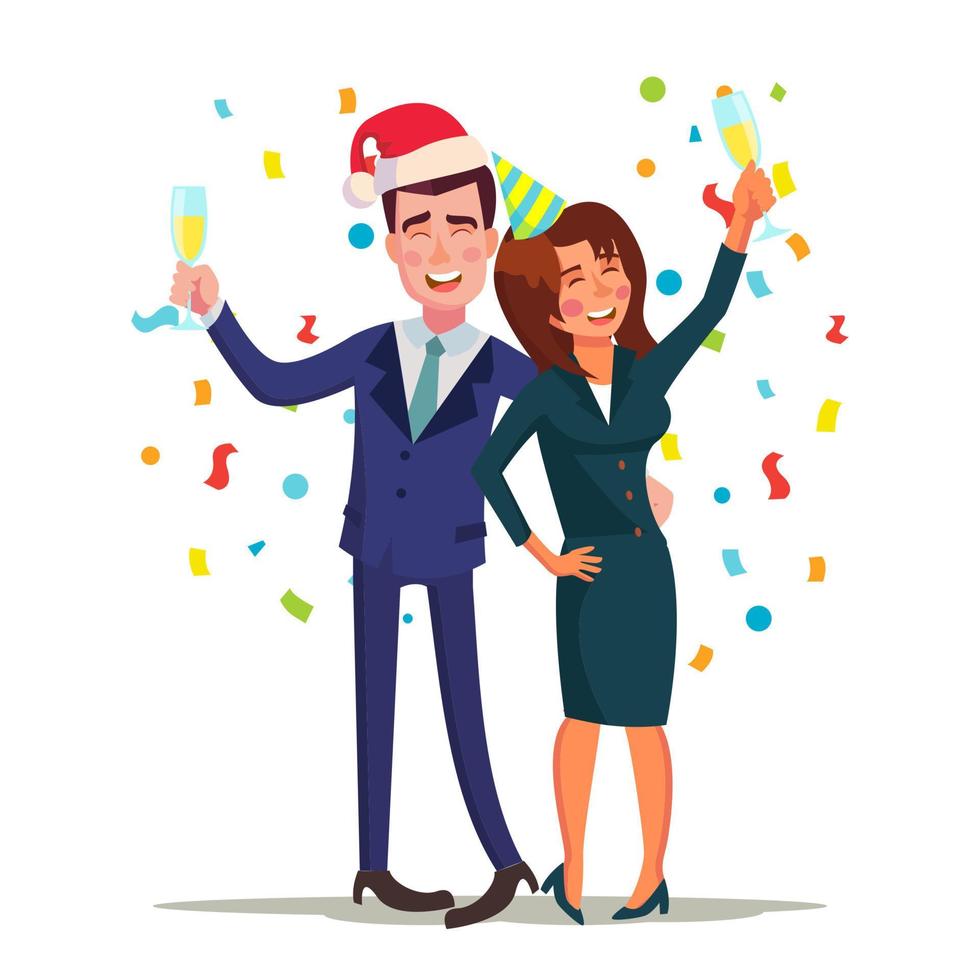 vecteur de fête de Noël d'entreprise. homme et femme ivre souriants. détente célébrant le concept d'hiver. fête de fin d'année au restaurant ou au bureau. illustration de personnage de dessin animé plat isolé