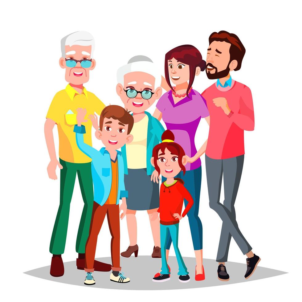 vecteur familial. de bonne humeur. maman, papa, enfants, grands-parents ensemble. bannière, dépliant, conception de brochures. illustration de dessin animé isolé