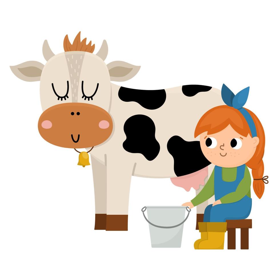 icône de vecteur laitière. fille de fermier traire la vache. enfant mignon faisant des travaux agricoles. scène de campagne rurale. enfant avec animal mignon. illustration drôle de ferme avec des personnages de dessins animés