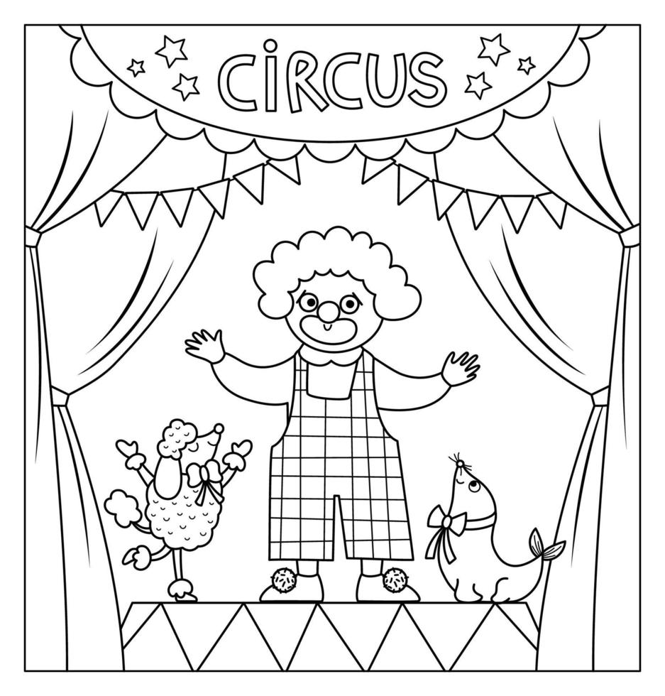 scène de scène de cirque noir et blanc de vecteur avec clown, animaux. scène de spectacle de rue avec des personnages mignons. fond de festival de ligne. page de coloriage d'un événement de vacances ou d'un spectacle de divertissement