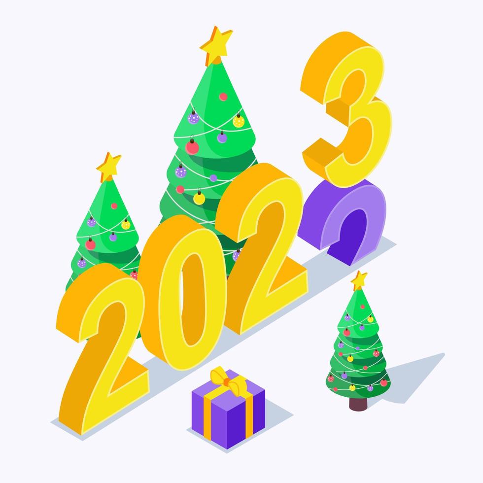 illustration vectorielle isométrique de noël et du nouvel an. 2023 arrive. arbre de noël et cadeaux. vecteur