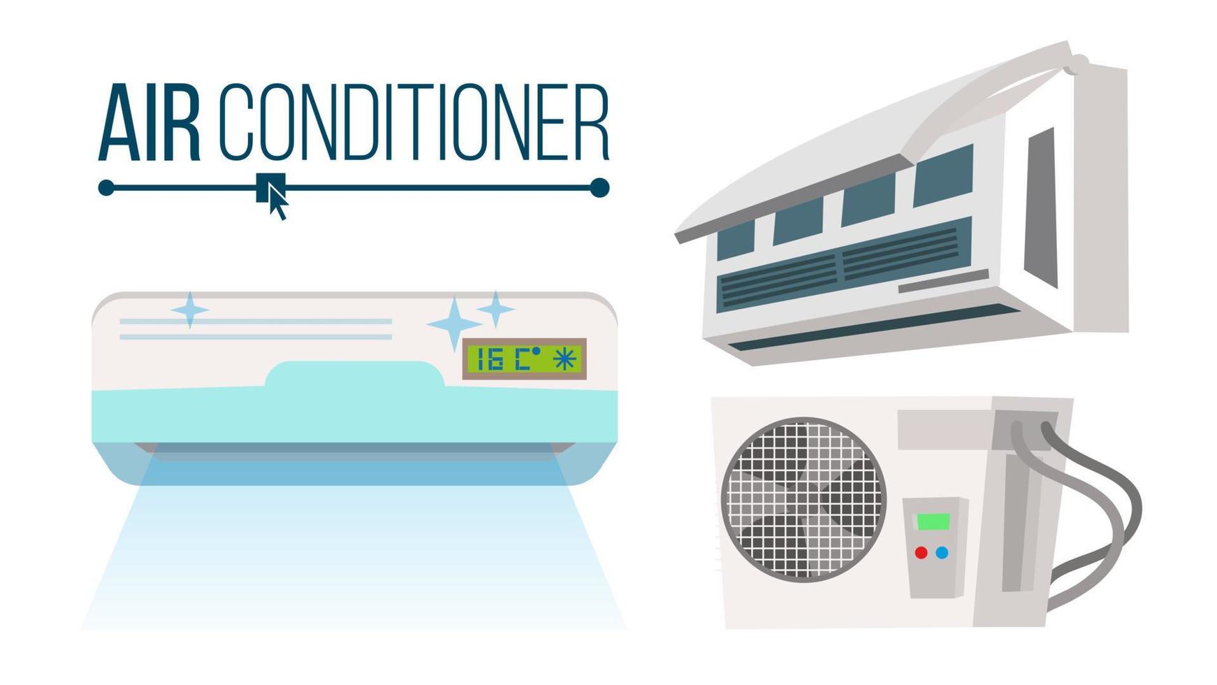 vecteur de réglage de climatiseur. différents types de bureau, système de conditionnement domestique. intérieur, extérieur, dessin animé, plat, isolé, illustration