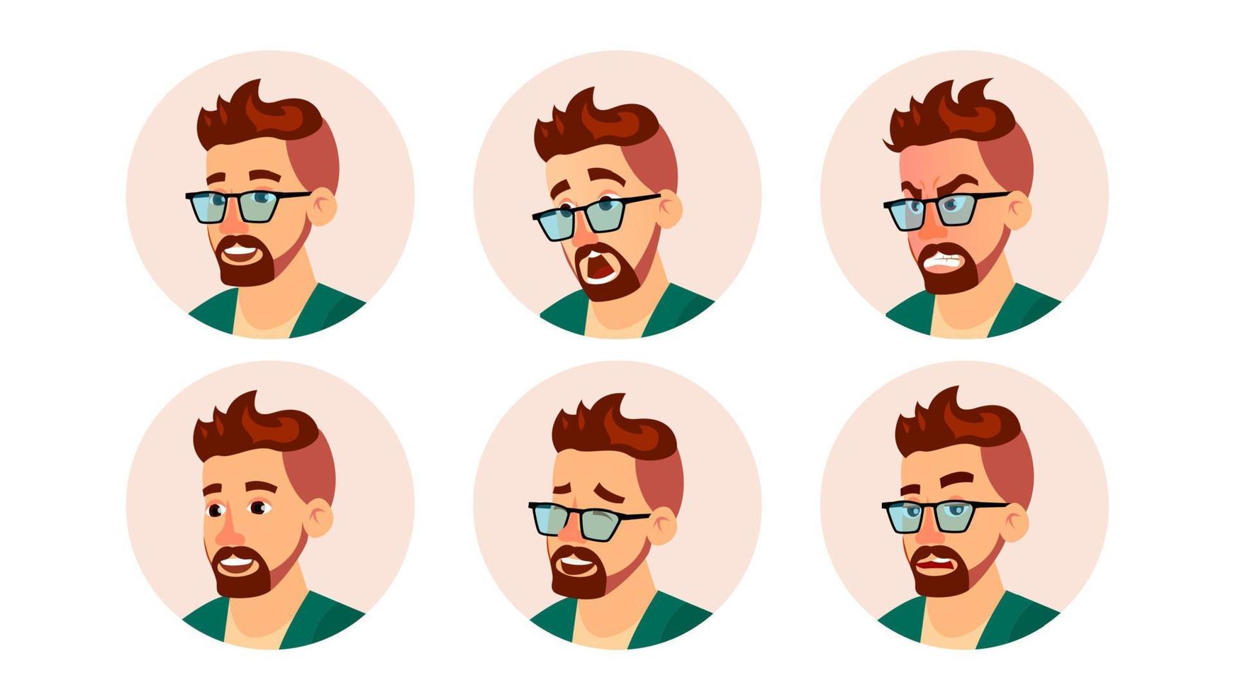 vecteur d'avatar homme hipster. visage d'homme hipster moderne créatif, jeu d'émotions. gens d'affaires de caractère. illustration de dessin animé