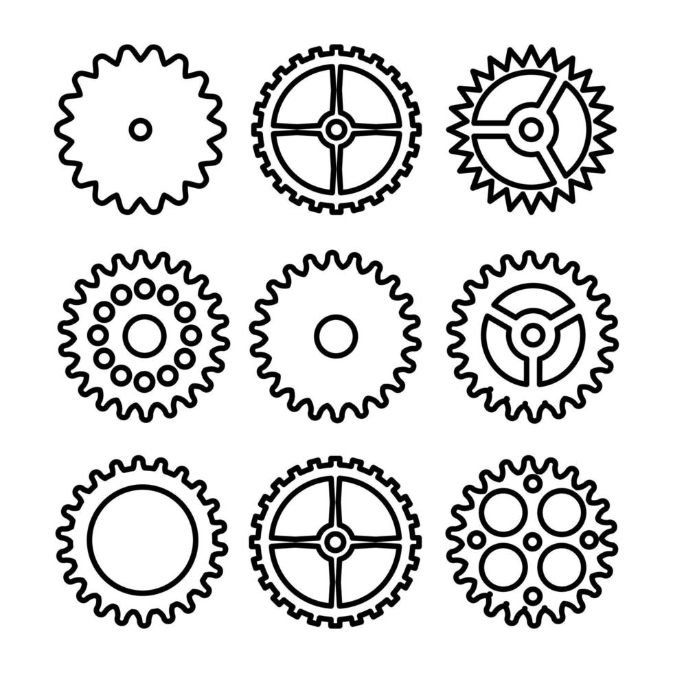 engrenages d'horloge de vecteur. les icônes de contour définissent le mécanisme de l'horloge ou de la roue de la machine. mécanique, signe de technologie isolé sur fond blanc. vecteur