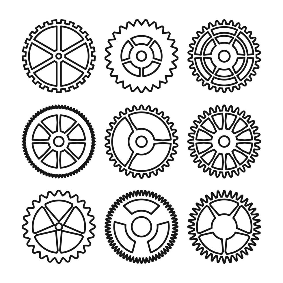 engrenages d'horloge de vecteur. les icônes de contour définissent le mécanisme de l'horloge ou de la roue de la machine. mécanique, signe de technologie isolé sur fond blanc. vecteur