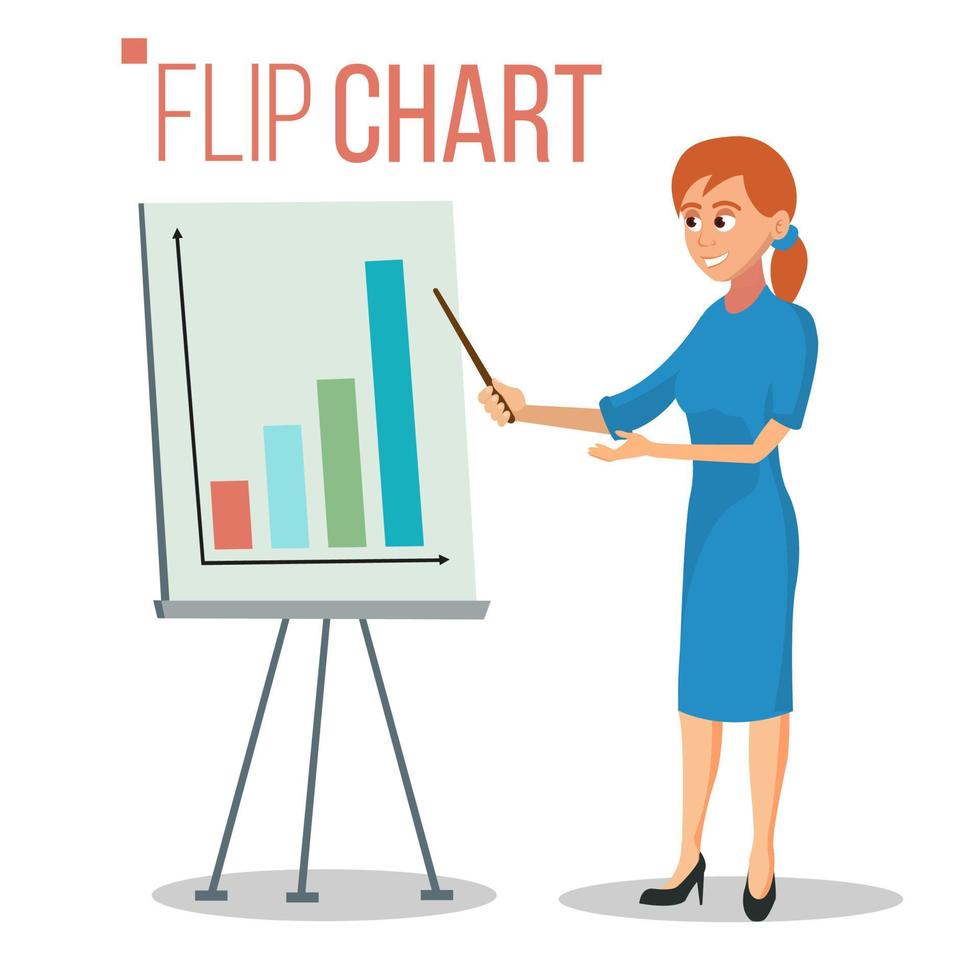 vecteur de concept de présentation de tableau à feuilles mobiles. femme montrant la présentation de la stratégie. réunion de conférence de formation. illustration isolée de dessin animé plat. graphique d'informations commerciales