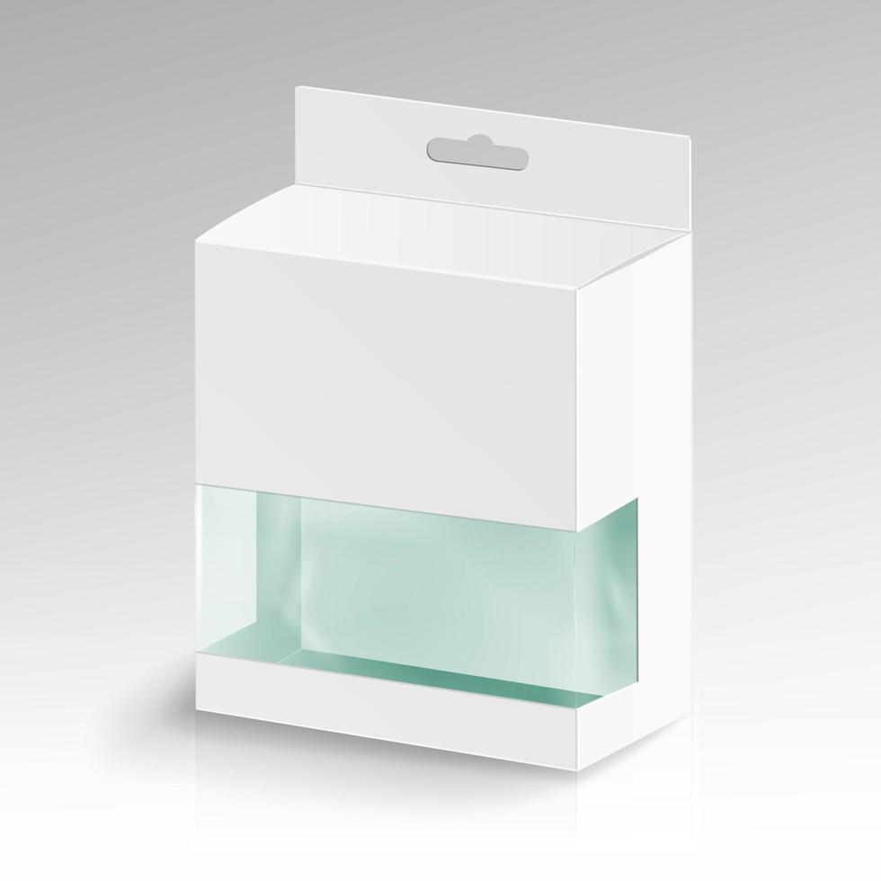 vecteur de rectangle de carton blanc blanc. emballages de boîtes vides pour produits avec fenêtre en plastique. maquette gros plan isolé sur fond blanc