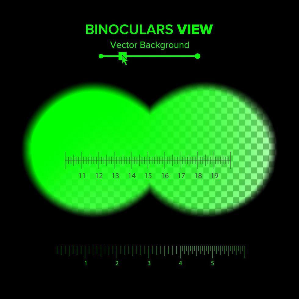 vecteur de vue jumelles. illustration de la vue verte de nuit des jumelles isolée sur fond transparent. bords doux, réticule. concept de recherche, vision, regard.