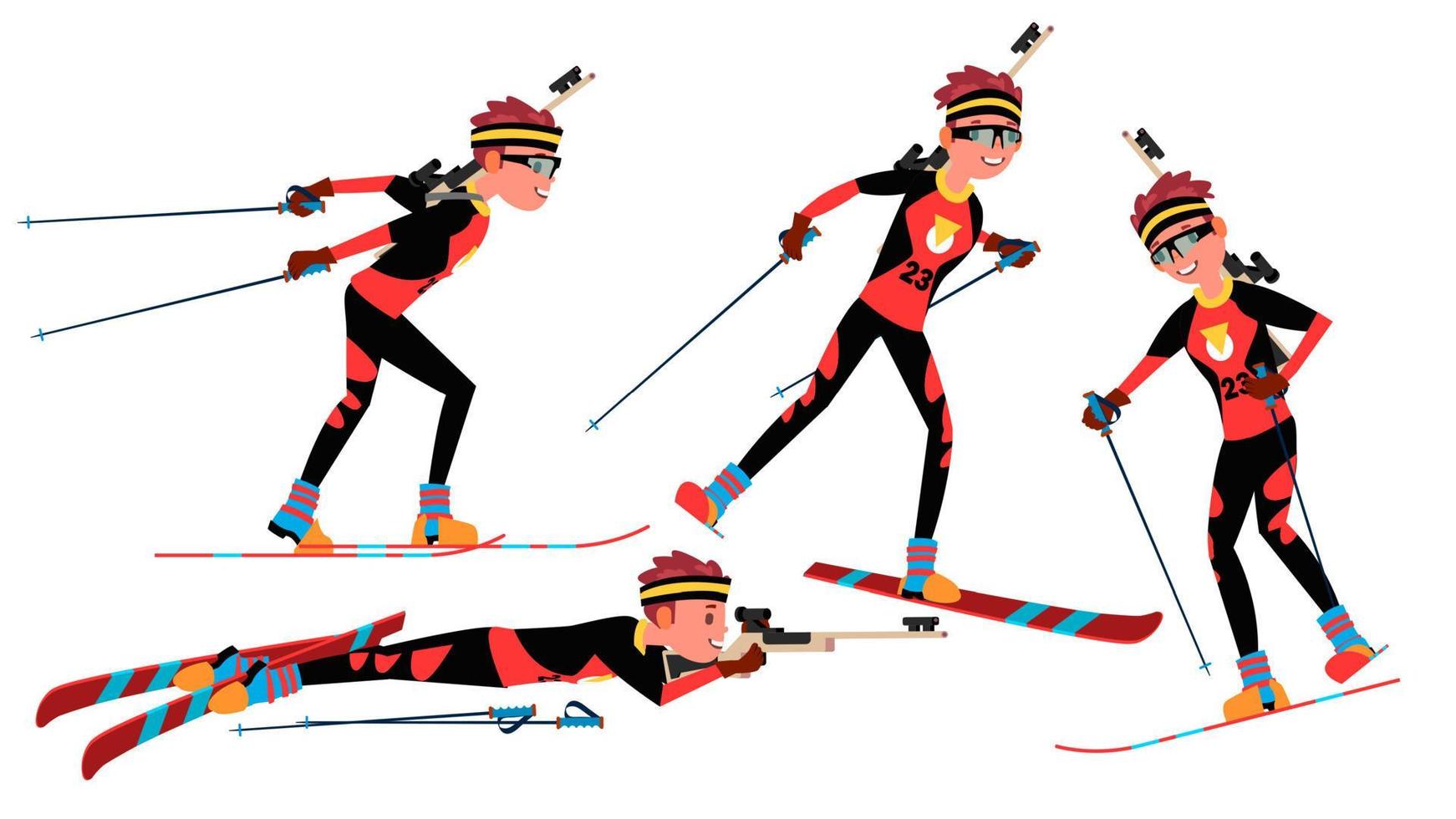 vecteur de joueur masculin de biathlon. jouer dans différentes poses. athlète homme. arme à feu. participant à la compétition. tournage. isolé sur illustration de personnage de dessin animé blanc