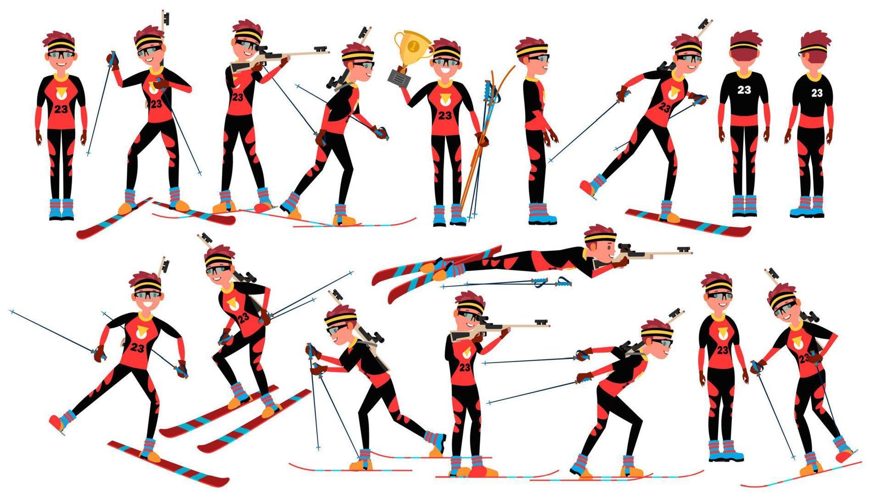 biathlon homme joueur vecteur masculin. course à pied en montée de biathlon. lieu dans la forêt. illustration de personnage de dessin animé athlète