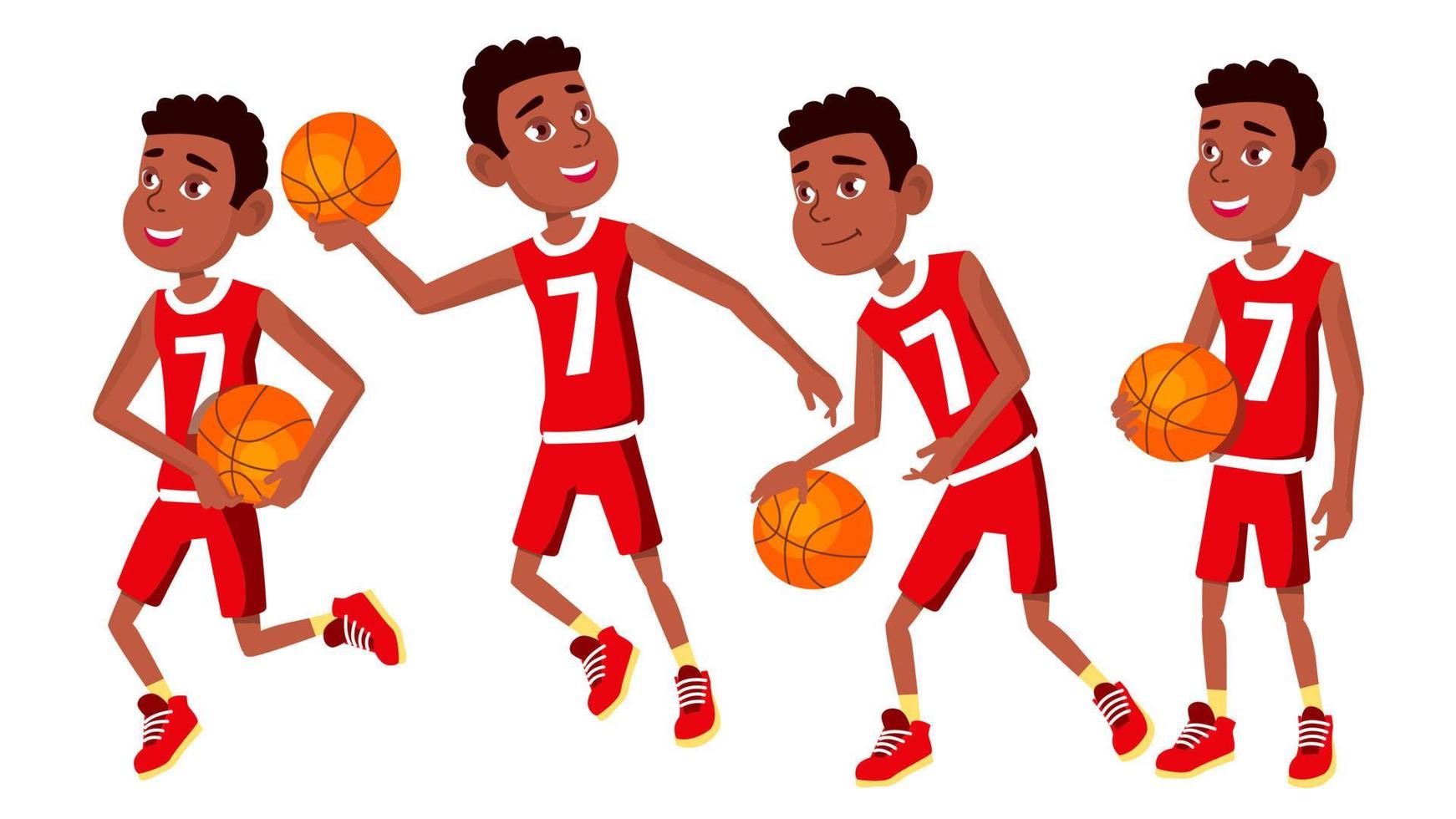 vecteur de jeu enfant joueur de basket-ball. diverses poses. athlète en uniforme avec ballon. compétition de jeux sportifs. Jeu. illustration de dessin animé plat isolé