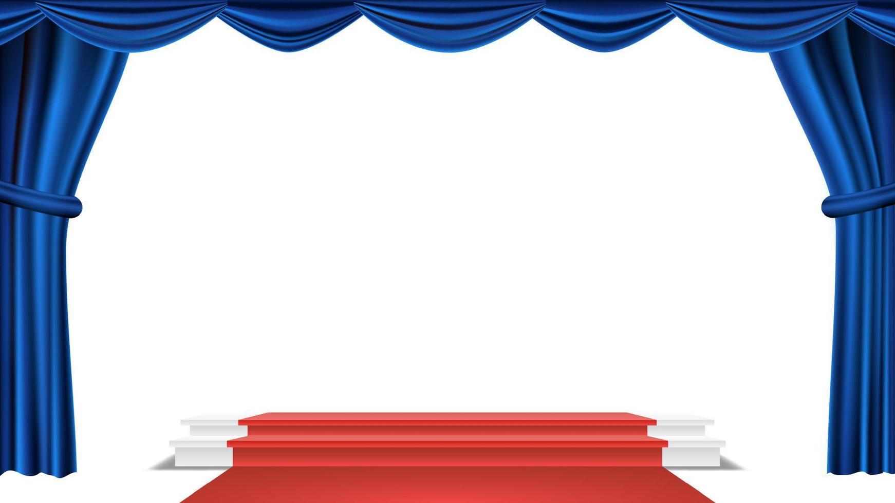 podium sous le vecteur de rideau de théâtre bleu. récompense de la cérémonie. présentation. piédestal pour les gagnants. illustration isolée