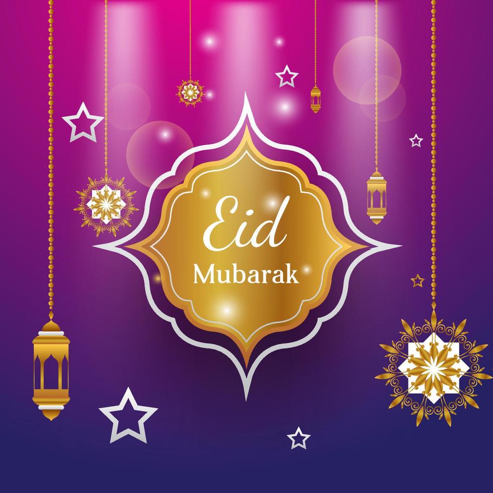 fond doré eid mubarak avec lanterne et mandala sur fond violet. illustration vectorielle islamique vecteur