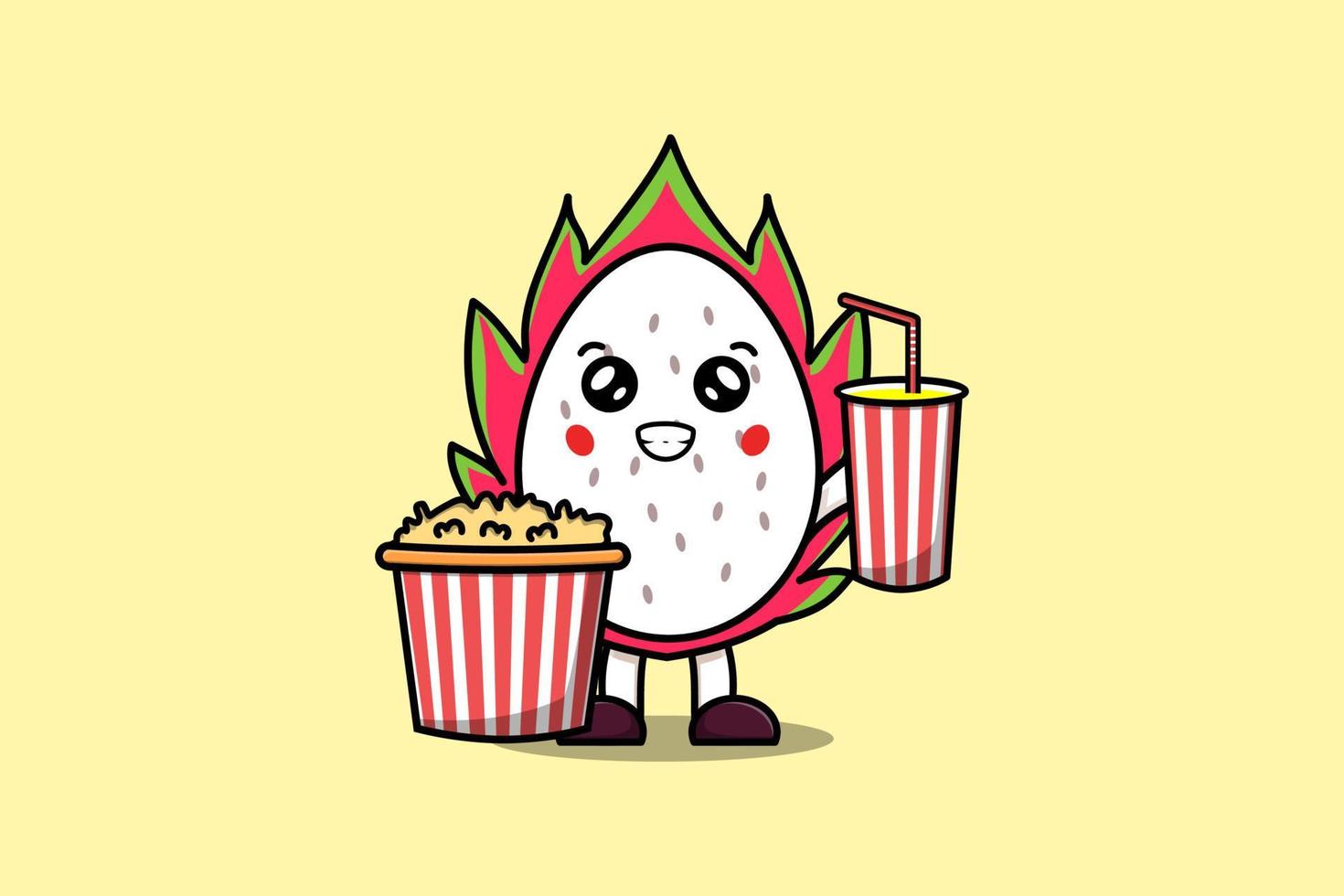 fruit du dragon de dessin animé mignon avec pop-corn et boisson vecteur