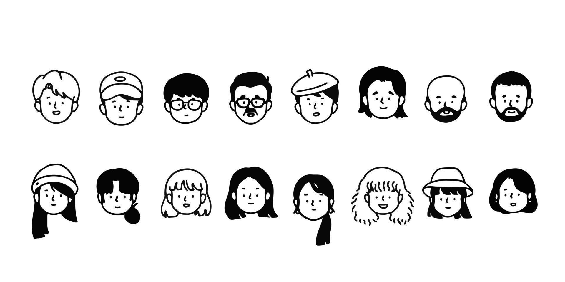 contour avatars profil défini employés de bureau, style d'icône dessiné à la main, vecteur de ligne plate.