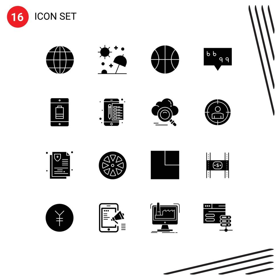 groupe de 16 glyphes solides modernes définis pour les éléments de conception vectoriels modifiables de la bulle de citation de voyage de la batterie de l'appareil vecteur