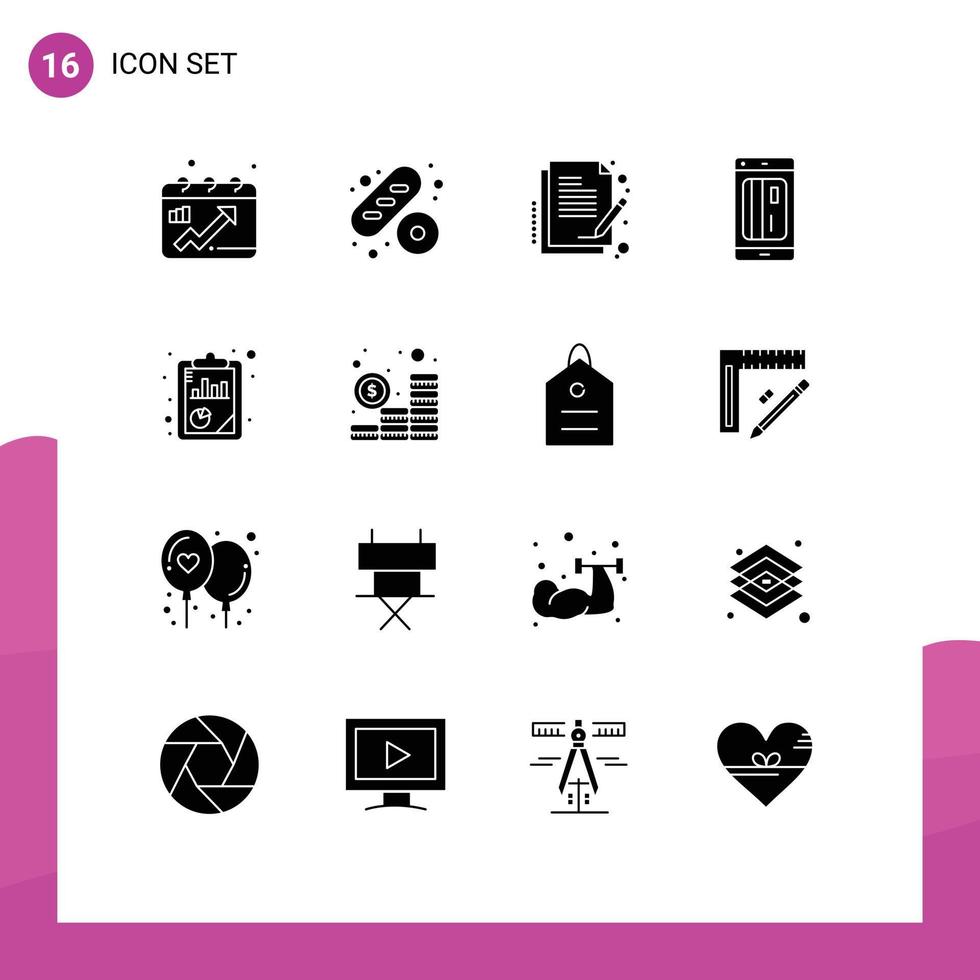 interface mobile glyphe solide ensemble de 16 pictogrammes d'éléments de conception vectoriels modifiables de carte de crédit papier numérique de rapport vecteur
