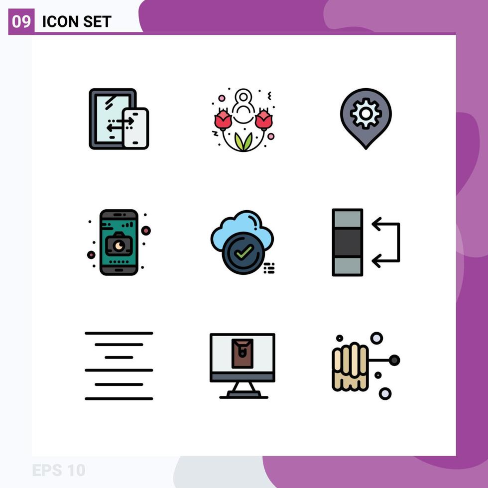 groupe de 9 signes et symboles de couleurs plates remplies pour le réglage de la tique du nuage ok éléments de conception vectoriels modifiables de la caméra vecteur