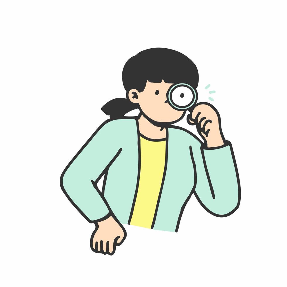 jeune femme avec loupe. notion de moteur de recherche. style dessiné à la main, illustration vectorielle vecteur