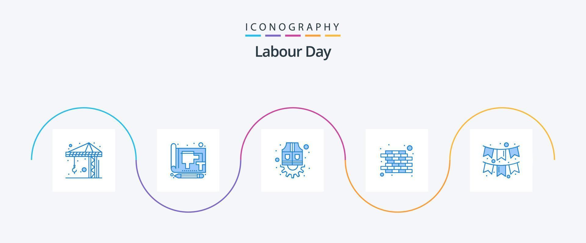 pack d'icônes bleues de la fête du travail 5, y compris le drapeau. fête. veste. mur. brique vecteur