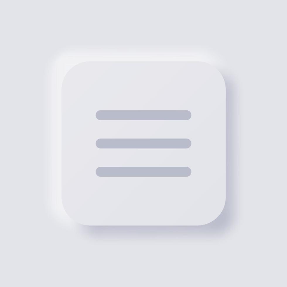 icône de menu de trois lignes de barre, conception d'interface utilisateur douce de neumorphisme blanc pour la conception Web, interface utilisateur d'application et plus encore, bouton, vecteur. vecteur