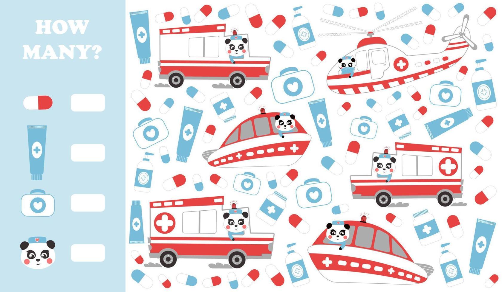 imprimable combien de jeu pour les enfants avec transport en ambulance et médecin personnage panda vecteur