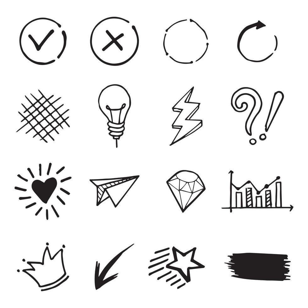 ensemble d'images vectorielles d'éléments de doodle, amour, foudre, flèche, tourbillon, étoile et autres, pour la conception de concept. vecteur