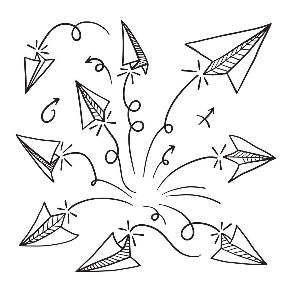 ensemble d'icône d'avion en papier doodle. avion en papier dessiné à la main. illustration vectorielle. vecteur