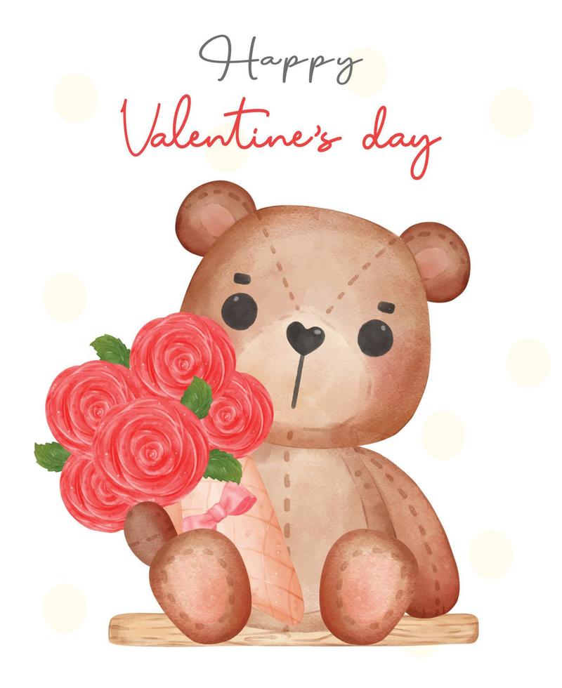 mignon happy valentine ours en peluche marron poupée câlin bouquet de  roses, adorable dessin animé aquarelle illustration vectorielle dessinés à  la main 17378042 Art vectoriel chez Vecteezy