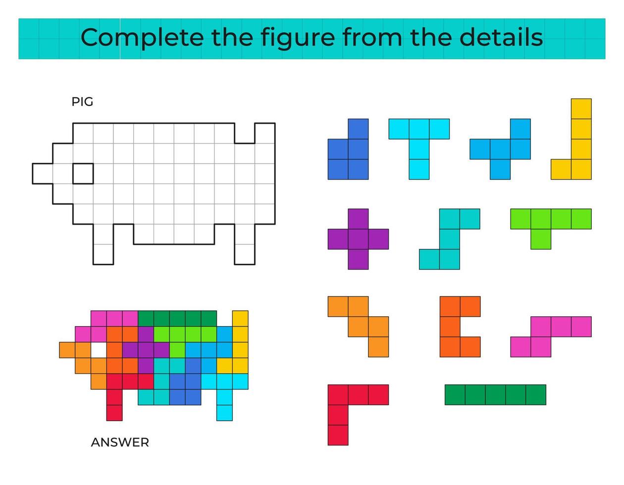 jeu de puzzle avec des détails colorés pour les enfants. figure complète. jeu éducatif pour les enfants, activité de feuille de calcul préscolaire. puzzle. illustration vectorielle. vecteur