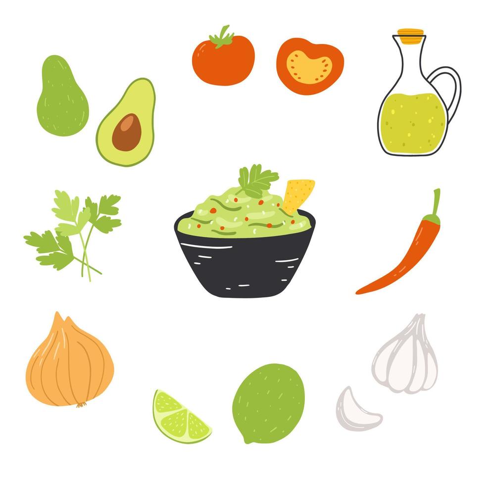 ingrédients pour le guacamole dans un style plat de dessin animé. illustration vectorielle dessinée à la main de la cuisine traditionnelle mexicaine avec ensemble de légumes et de fruits vecteur