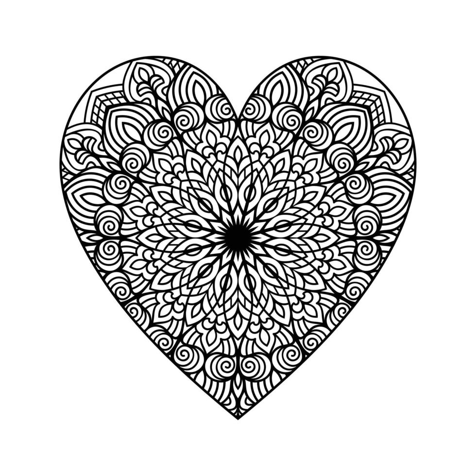 coeur avec motif de mandala floral, motif floral de mandala en forme de coeur pour livre de coloriage, doodle de mandala floral coeur dessiné à la main, page de coloriage de mandala coeur pour adulte vecteur