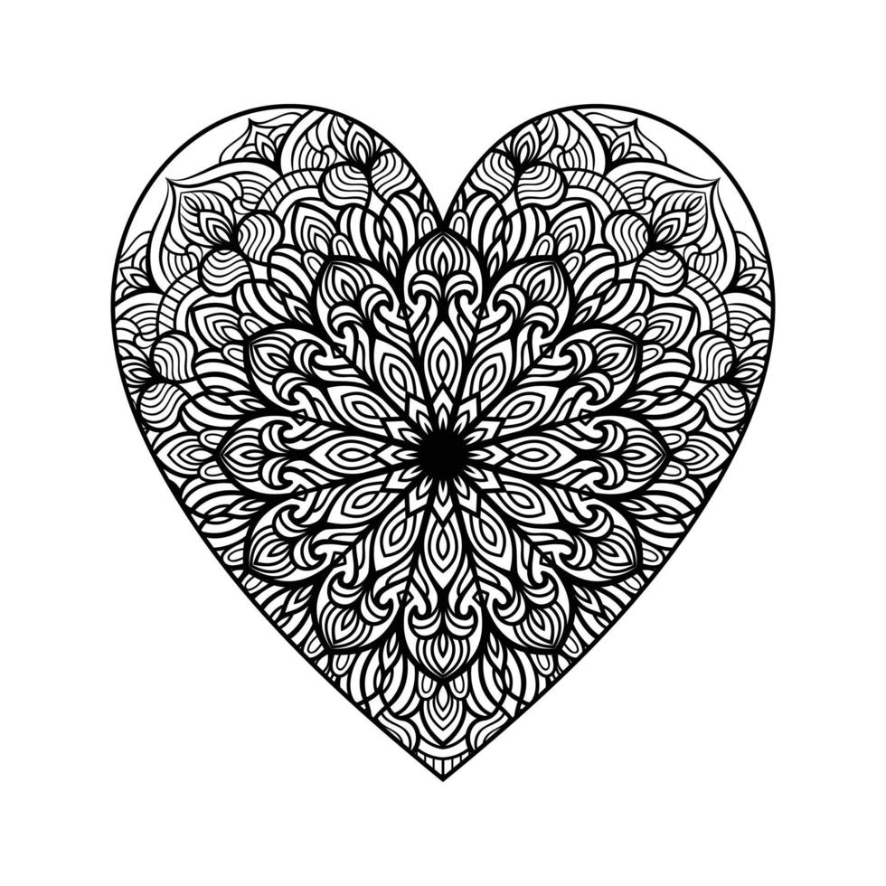 motif floral de mandala en forme de coeur pour livre de coloriage, coeur avec motif de mandala floral, doodle de mandala floral coeur dessiné à la main, page de coloriage de mandala coeur pour adulte vecteur