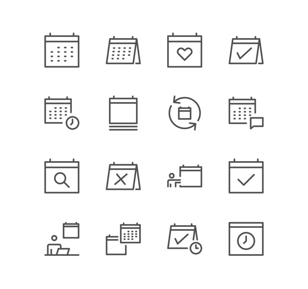 ensemble d'icônes de rendez-vous de calendrier, date, travail, calendrier, paramètres de réunion, réunion et vecteurs de variété linéaire. vecteur