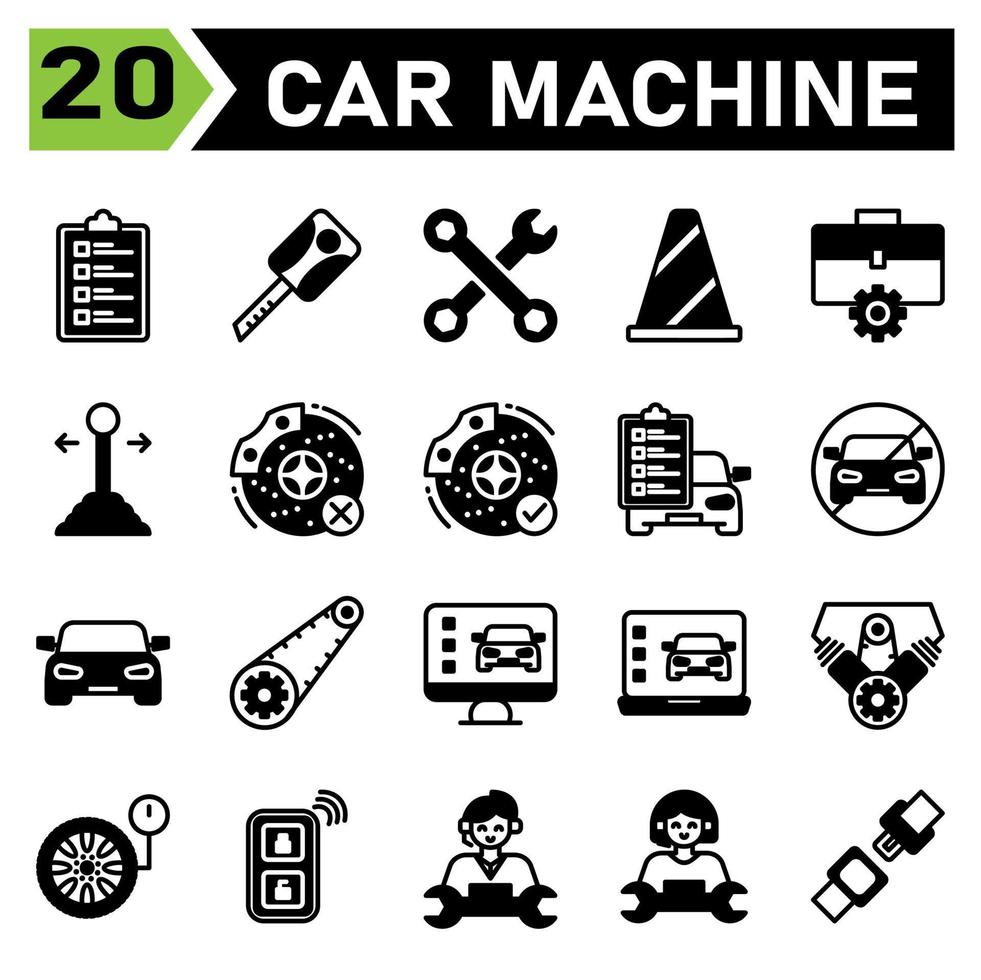 l'ensemble d'icônes de machine de voiture comprend le service de voiture, la liste, le mécanicien, la réparation, l'automobile, la clé, la machine, le moteur, les clés, la serrure, la sécurité, la boîte à outils, la clé, les outils, le service, le cône, le trafic, le signe, l'atelier, l'équipement, le bâton, la voiture vecteur