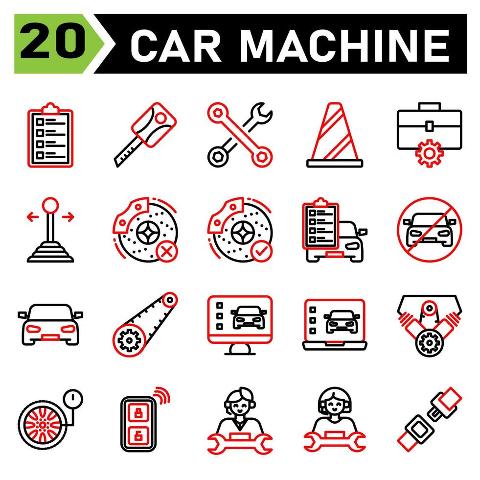 l'ensemble d'icônes de machine de voiture comprend le service de voiture, la liste, le mécanicien, la réparation, l'automobile, la clé, la machine, le moteur, les clés, la serrure, la sécurité, la boîte à outils, la clé, les outils, le service, le cône, le trafic, le signe, l'atelier, l'équipement, le bâton, la voiture vecteur