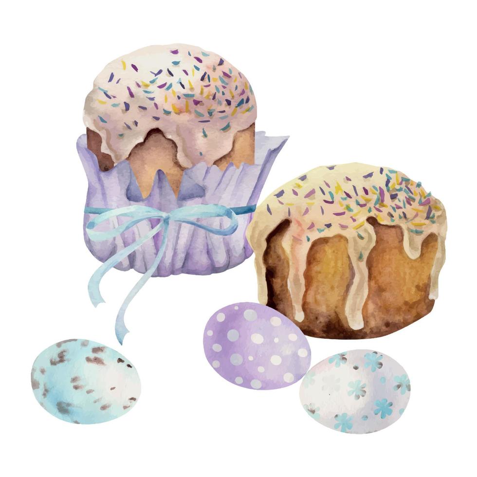 clipart de célébration de pâques dessiné à la main à l'aquarelle. composition de pain kulich, fleurs de jonquilles printanières, feuilles. isolé sur fond blanc. pour les invitations, les cadeaux, les cartes de vœux, l'impression, le textile vecteur