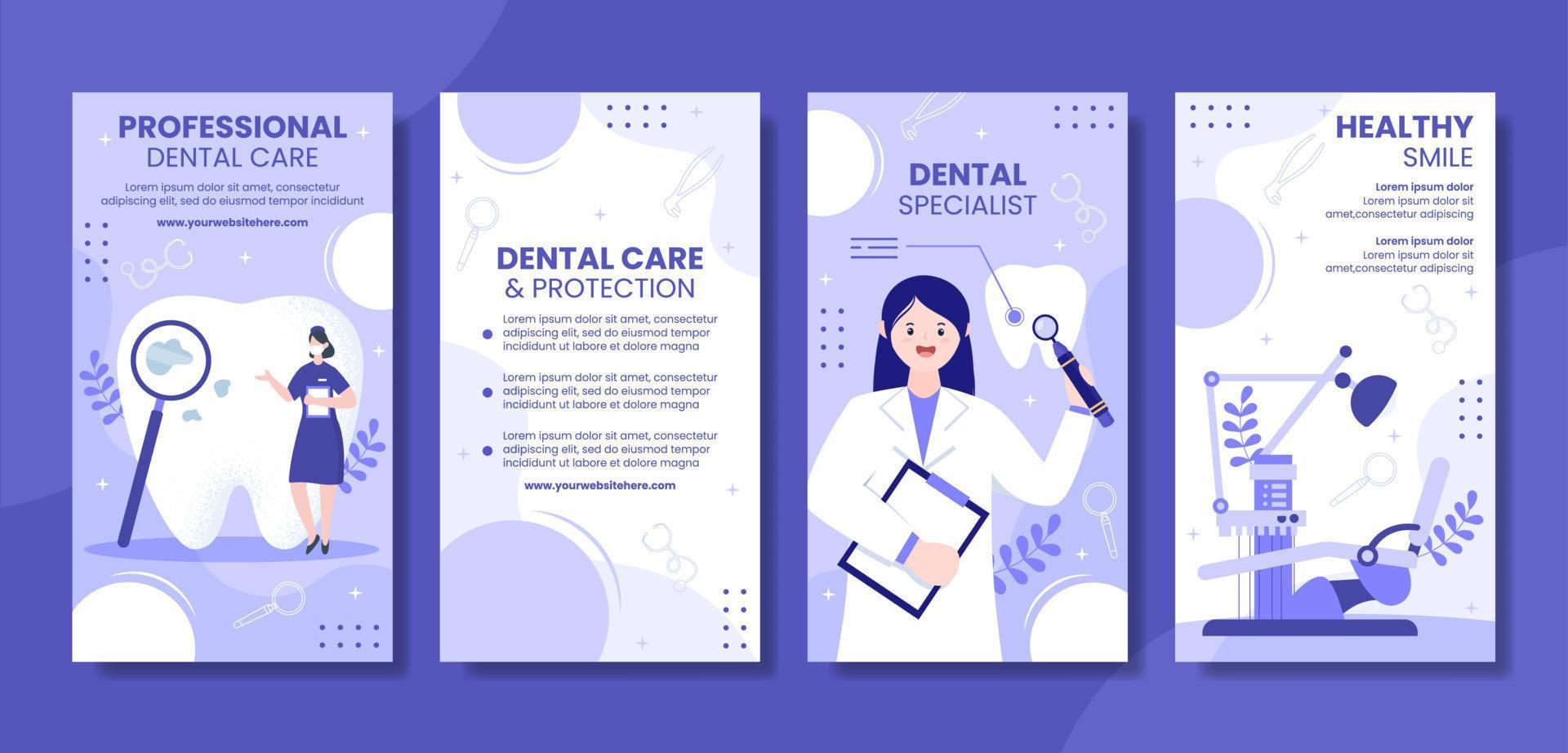 soins dentaires et clinique histoires de médias sociaux dessin animé plat illustration de modèles dessinés à la main vecteur