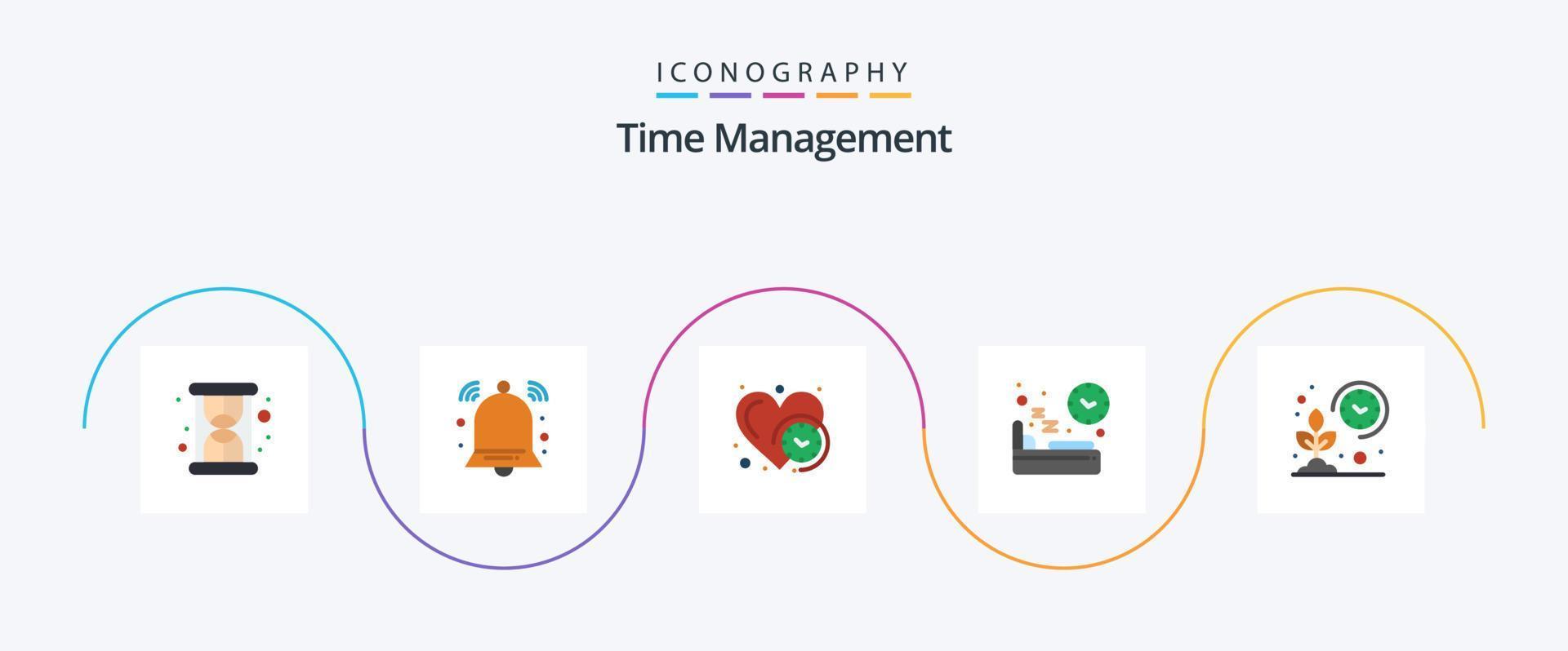 pack d'icônes plat 5 de gestion du temps, y compris l'agriculteur. temps. cœur. sommeil. diète vecteur