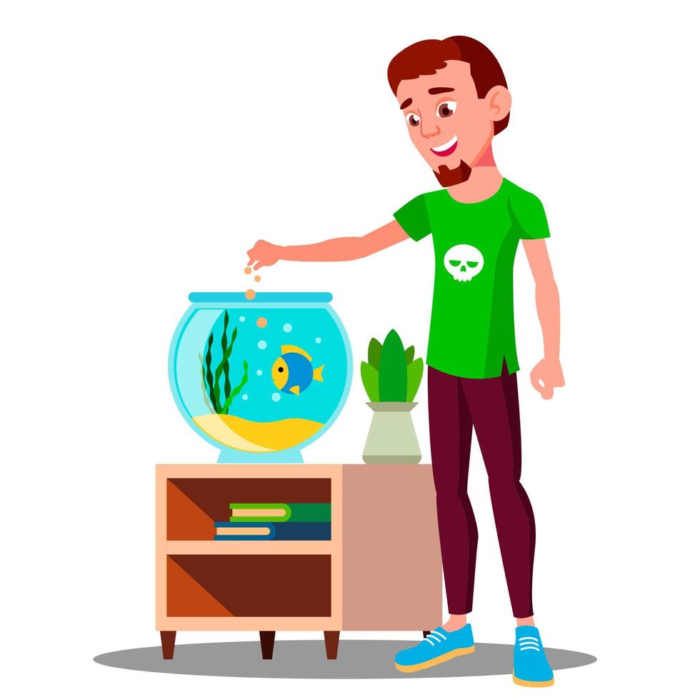 adolescent nourrissant un poisson dans un vecteur d'aquarium. illustration isolée