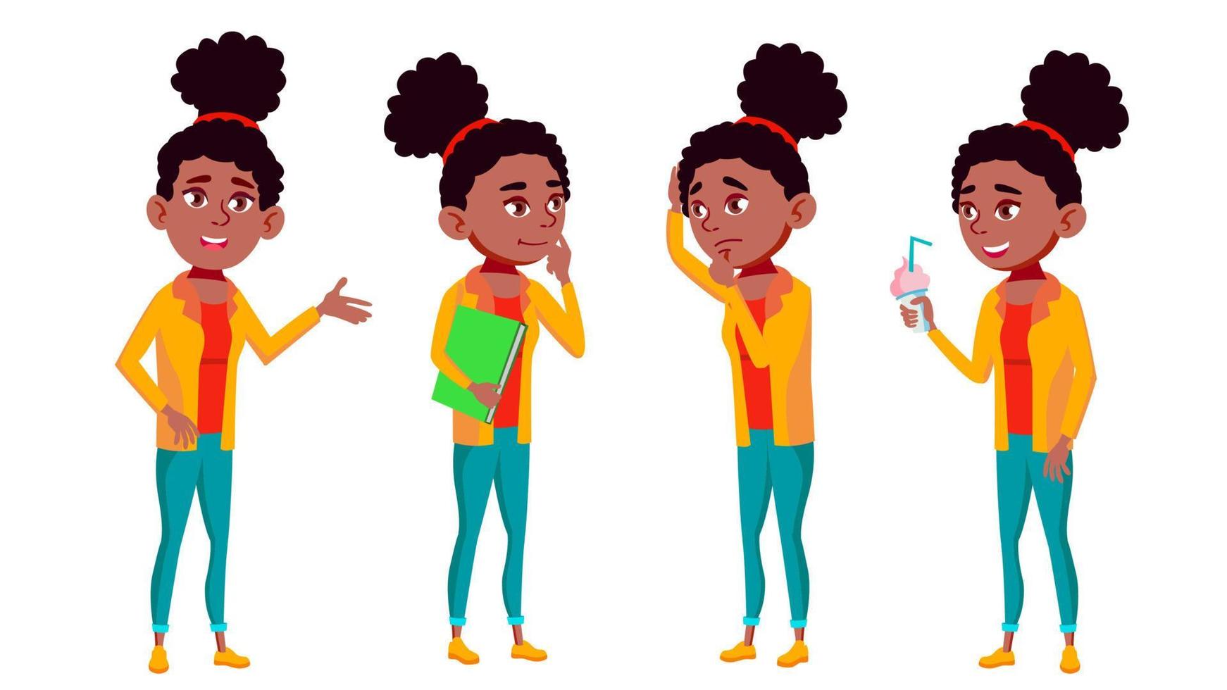 adolescente pose set vector. amusant, joyeux. noir. afro américain. pour le web, l'affiche, la conception de brochures. illustration de dessin animé isolé vecteur